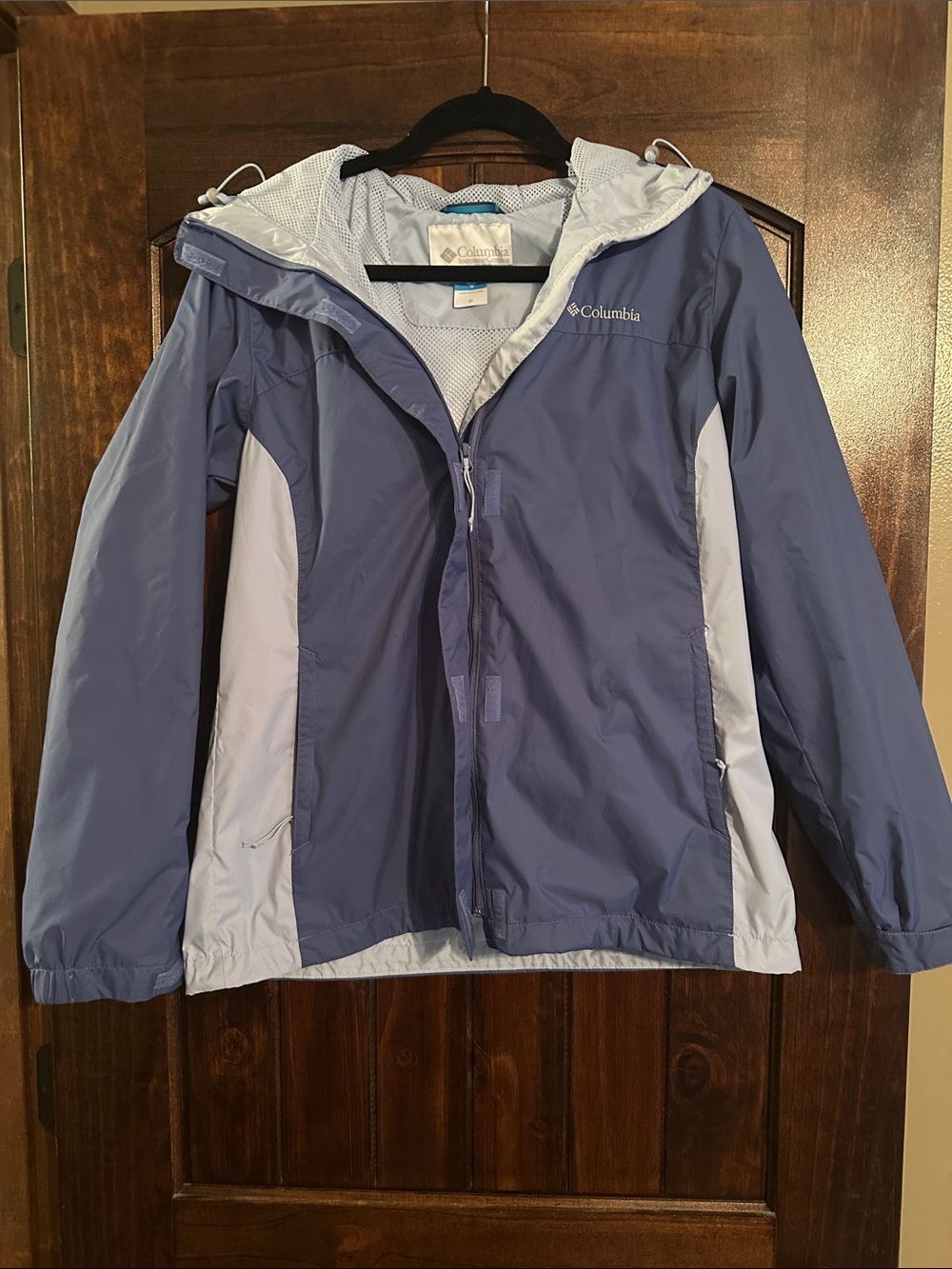 Columbia Womens blue and Light Gray Hooded Rain Jacket